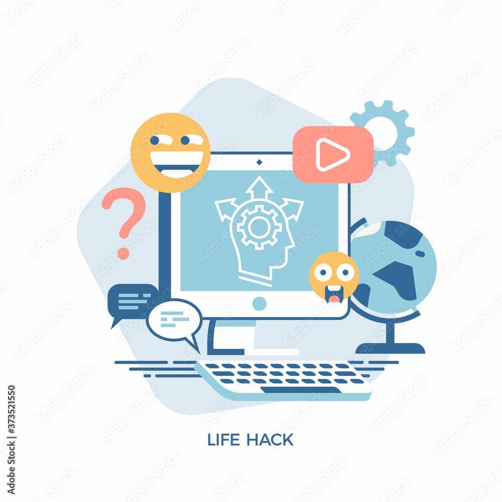 Flat vector design element on life hack and creative thinking. Cool concept visual with social media creative process on generating and sharing ideas and knowledge on improving different life spheres