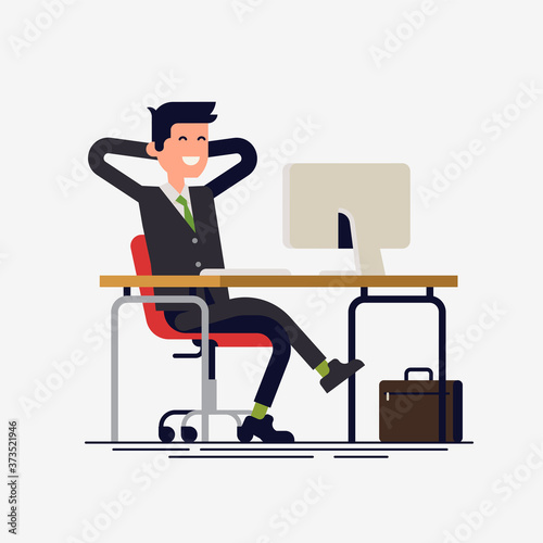 Cool vector flat character design on relaxed businessman sit back on his workplace chair. Satisfied office worker got his work done
