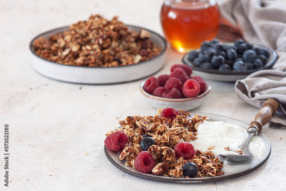 Homemade Granola with fresh berries. Healthy Breakfast.