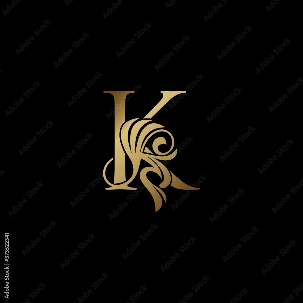 Gold Deco Luxury K Letter Initial Logo Icon, Monogram Ornate Swirl Wing Logo Design. Gold Deco Luxury K Letter Initial Logo Icon, Monogram Ornate Swirl Wing Logo Design.