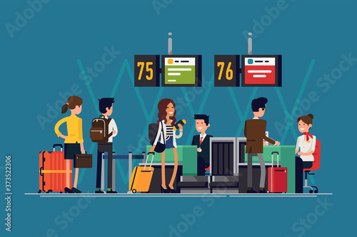 Quality detailed flat vector illustration on international airport check-in desk with airline representatives attending passengers in the queue