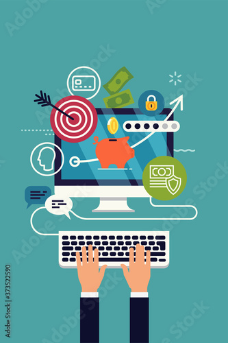 Quality flat vector online banking poster or web banner template with businessman hands, keyboard and computer display with piggy bank, minimalistic financial icons and symbols