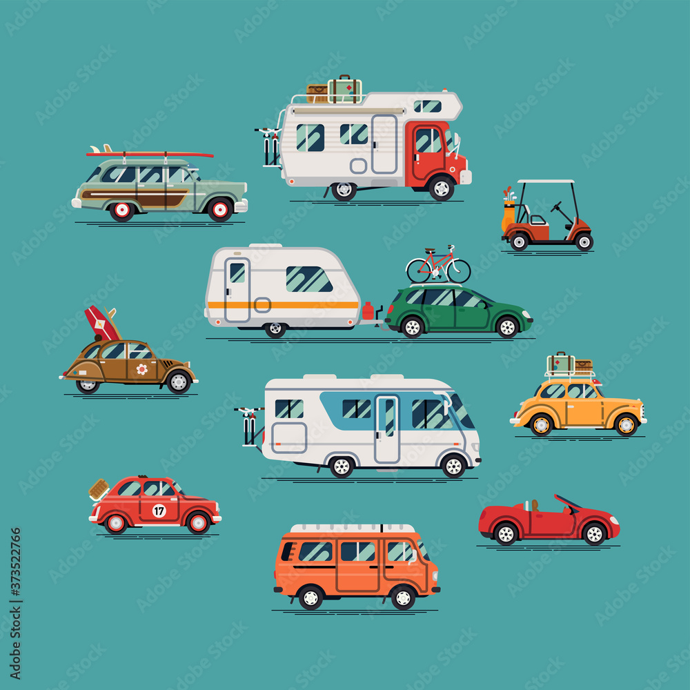 Quality flat vector transport design elements on summer car, van, trailer, camping caravan, surf ride, road trip and vacation travel Quality flat vector transport design elements on summer car, van, trailer, camping caravan, surf ride, road trip and vacation travel