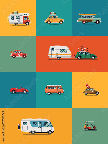 Quality flat vector banner or poster template on summer travel cars, vans and other vehicles. Packed for summer vacation road trip. Large variety of leisure and camping cars