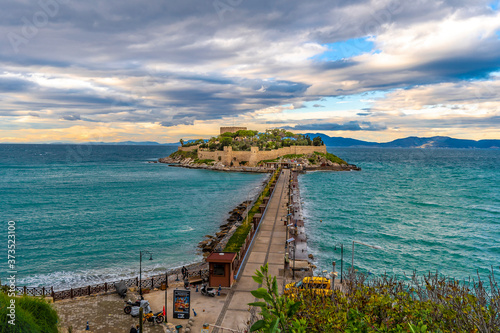 Fototapeta Naklejka Na Ścianę i Meble -  Pigeon Island view in stormy weather in Kusadasi Town of Turkey