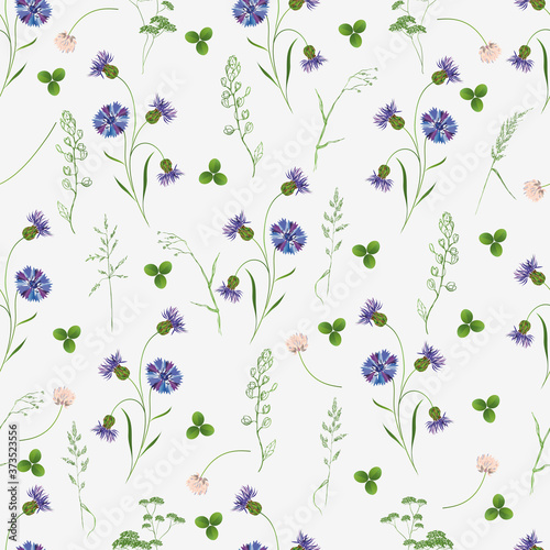 Seamless pattern with wild flowers . Cornflowers, clover and cereals on a light background.It can be used when creating Wallpaper in the Scandinavian style.
