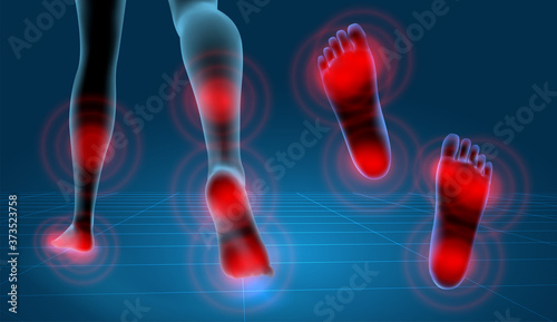 vector human foot. blue contour and red spots of pain. ready element for medicine and orthopedics