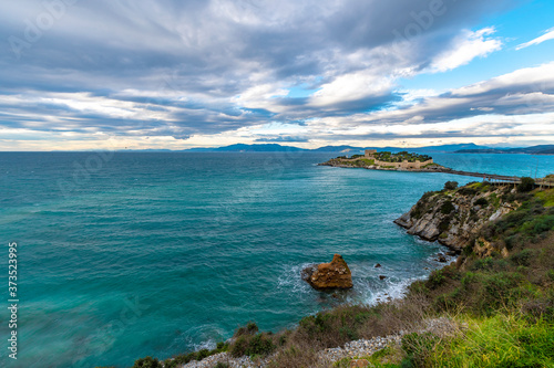 Fototapeta Naklejka Na Ścianę i Meble -  Pigeon Island view in stormy weather in Kusadasi Town of Turkey