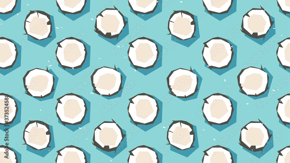 Geometric seamless tropical background. The coconut lies on the surface casting a shadow. View from above. Torn or cut paper elements. Abstract wrapping paper design. Vector flat design illustration. Geometric seamless tropical background. The coconut lies on the surface casting a shadow. View from above. Torn or cut paper elements. Abstract wrapping paper design. Vector flat design illustration.