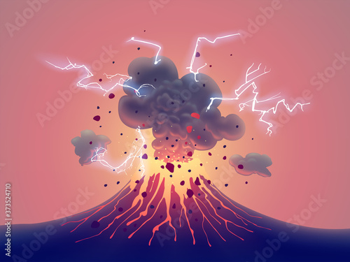 Eruption of volcano crater with red hot luminous glow magma, active volcanic explosion with lava, splashes, stones, flashes, lightning, smoke and dust. Vector digital illustration.