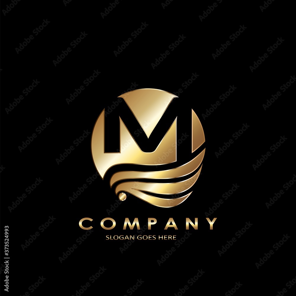 Gold Business Initial M Logo Letter, Elegance Wave Wing Bird with negative space letter M design concept. Gold Business Initial M Logo Letter, Elegance Wave Wing Bird with negative space letter M design concept.