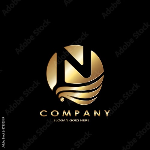 Gold Business Initial N Logo Letter, Elegance Wave Wing Bird with negative space letter N design concept.