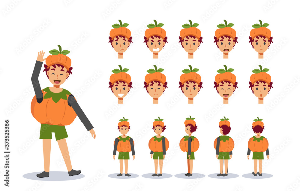 Little Boy in Cute pumpkin costume for Halloween festival.trick or treat. Front, side, back view animated character.Vector Character creation set, Cartoon style, flat vector illustration.