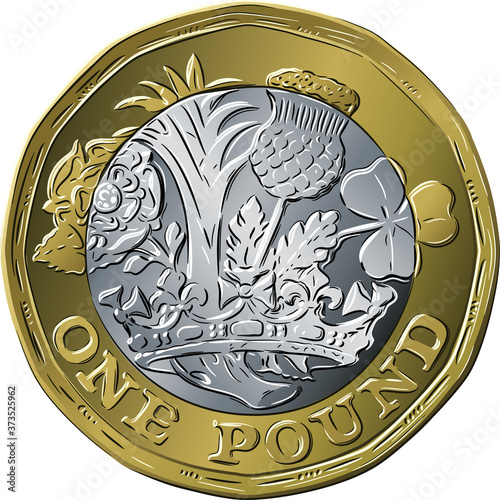 Vector British money gold coin one pound new 12-sided design with English rose, leek for Wales, Scottish thistle and shamrock for Northern Ireland photo