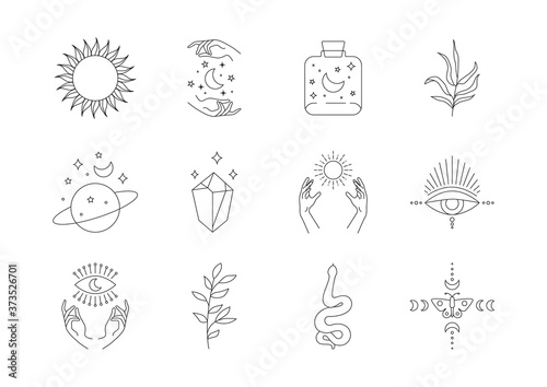 Boho mystic line icons. Simple tattoos, hand drawn astrology logos, bohemian set of magic esoteric symbols. Vector illustration