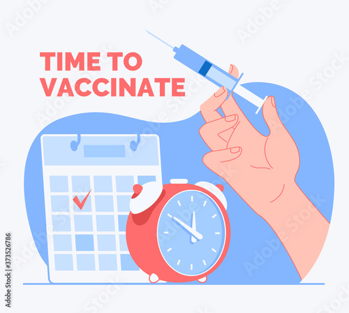 Information poster Medical services. Hand holds a syringe. Vaccination time.