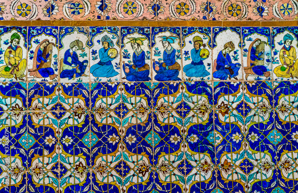 Iran, in  the city of Yazd, beautiful coloured  pre-Islamic tiles seen in the old public Bazaar.
