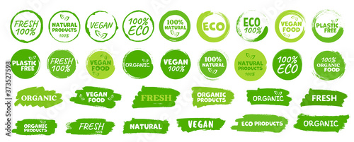 Labels and emblems organic, natural, healthy food, fresh and vegetarian food