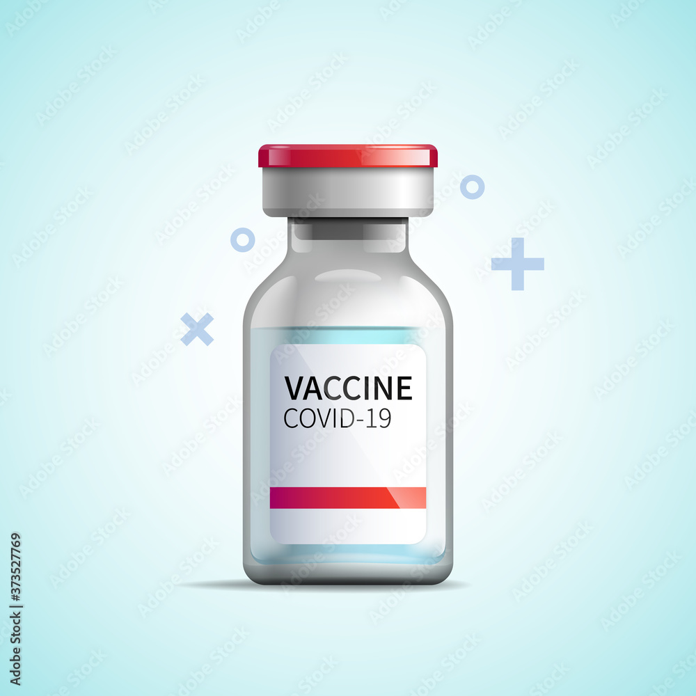 Vaccine against the COVID-19. Vector illustration of a glass vial of the vaccine has blue liquid and a label with a text. The vial is on a blue light background. EPS 10. Vaccine against the COVID-19. Vector illustration of a glass vial of the vaccine has blue liquid and a label with a text. The vial is on a blue light background. EPS 10.