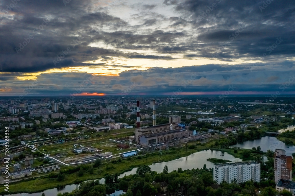 Bird's eye view of the city of Ivanovo with a beautiful sunset.