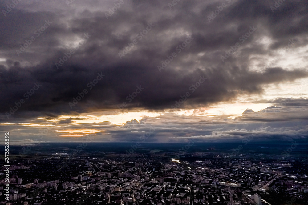 Bird's eye view of the city of Ivanovo with a beautiful sunset.