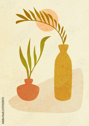modern still life collage. mid sentury style iilustration. home plant in vase.