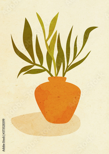 modern still life collage. mid sentury style iilustration. home plant in vase.