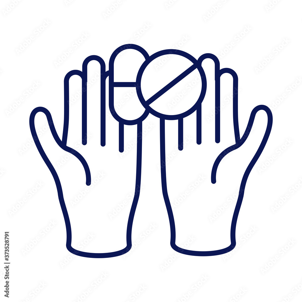 hands with medicine capsules and pills drugs line style icon hands with medicine capsules and pills drugs line style icon