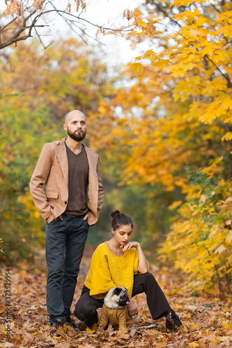 bearded man and girl with pug in autumn in maple park
