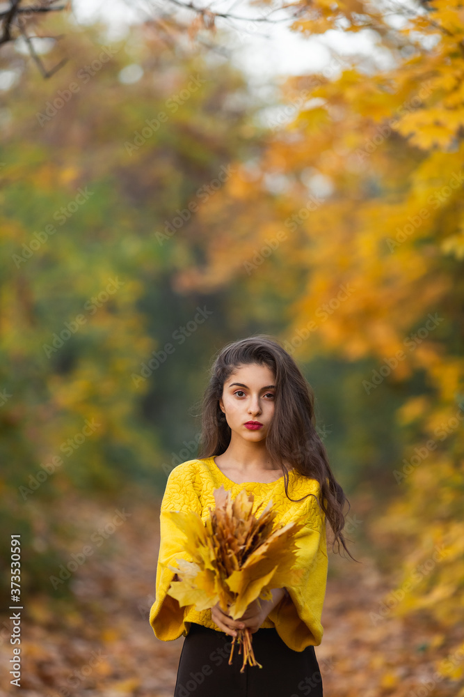 Cheerful woman portrait with autumn maple leaves in the park Cheerful woman portrait with autumn maple leaves in the park