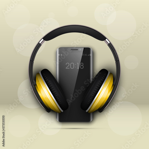 Image headphones on smartphone latest model background. Device for listening music on phone latest model background. Color stereo headphone for listening audio from phone. Banner earphones music party
