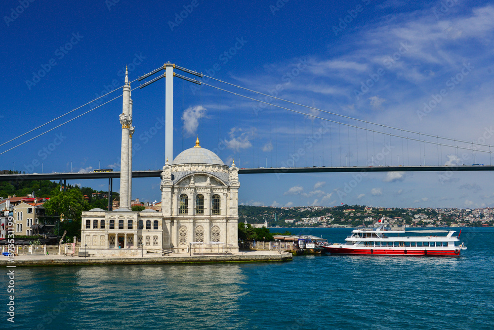 Istanbul cityscape, including Bosphorus bridge and Ortakoy Mosque as seen from a passenger boat - Istanbul, Turkey	