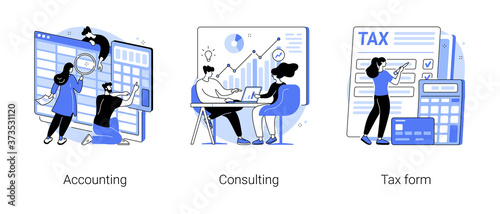 Financial information abstract concept vector illustration set. Accounting, consulting, tax form, tax filing, audit service, online application software, business strategy abstract metaphor.