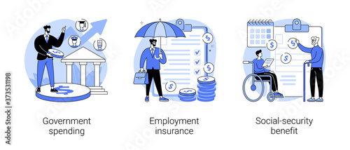 Country budget abstract concept vector illustration set. Government spending, employment insurance, social-security benefit, sickness benefit, retirement insurance, disability abstract metaphor.