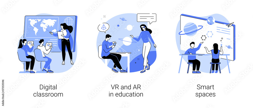 Interactive learning abstract concept vector illustration set. Digital classroom, VR and AR in education, smart spaces, blended learning, virtual reality, technology in education abstract metaphor. Interactive learning abstract concept vector illustration set. Digital classroom, VR and AR in education, smart spaces, blended learning, virtual reality, technology in education abstract metaphor.