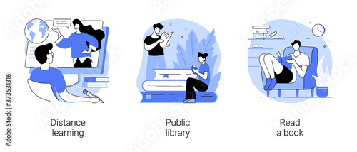 Off campus learning abstract concept vector illustration set. Distance learning, public library, read a book, off campus learning, tutoring and workshop, download e-book, homework abstract metaphor.