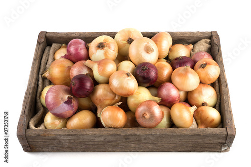 Yellow and red onions in a rustic wooden box isolated on a white background, side view. Full frame. Vegetable background. Concept of food, farm products.