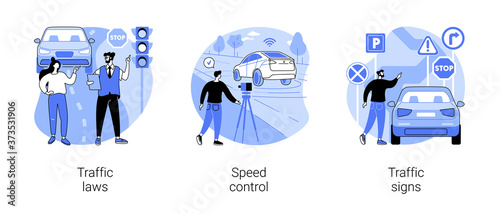 Vehicle movement regulation abstract concept vector illustration set. Traffic laws, speed control, traffic signs, driving license, road safety, police radar, speed limit, transport abstract metaphor.