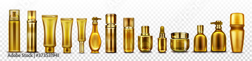 Gold cosmetic bottles mockup, golden cosmetics tubes for essence, cream or lotion, oil, shampoo beauty skin care product isolated on transparent background Realistic 3d vector illustration, icons set