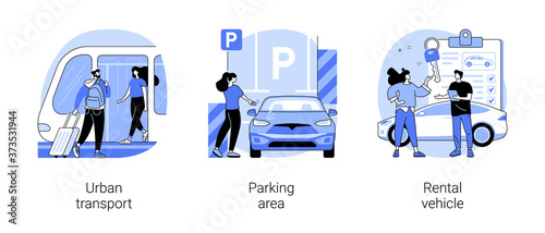 Car traffic abstract concept vector illustration set. Urban transport, parking area, rental vehicle, road sign, public transport, passenger, underground garage, carsharing abstract metaphor.