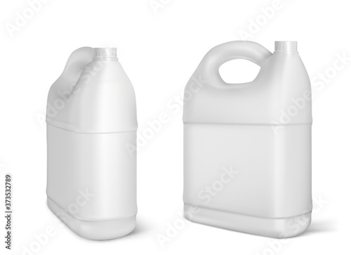 Plastic canisters, white jerrycan bottles isolated on white background. Engine oil, car lubricant or gasoline additive blank container. Detergent product design element, realistic 3d vector mockup