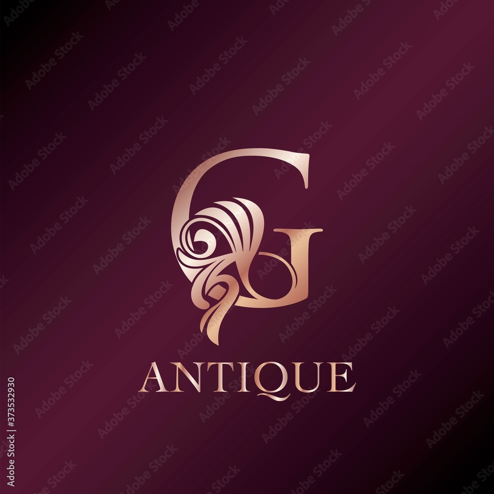 Obraz premium Antique G Letter Initial Logo Elegance Gold Rose Luxury Ornate Deco Swirl Shape Design.