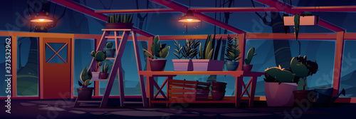 Greenhouse interior at night with potted plants. Empty garden, large dark orangery with glass walls, windows, roof and stone floor, place for growing flowers, inside view. Cartoon vector illustration
