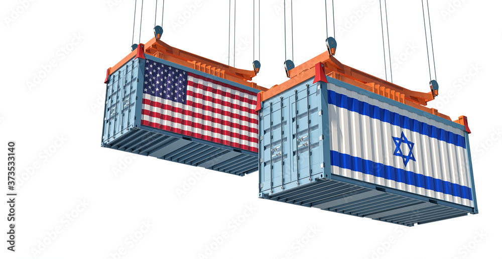 Freight containers with USA and Israel flag. 3D Rendering 