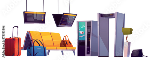Waiting room in airport terminal with chairs, luggage, security scanner and schedule display. Vector cartoon set of equipment in airport departure area with seats and metal detector