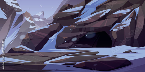 Entrance to cave in mountain with ice and snow on rocks around. Grotto, hidden underground tunnel or cavern, winter nature landscape. Fantasy antre or hollow background, Cartoon vector illustration