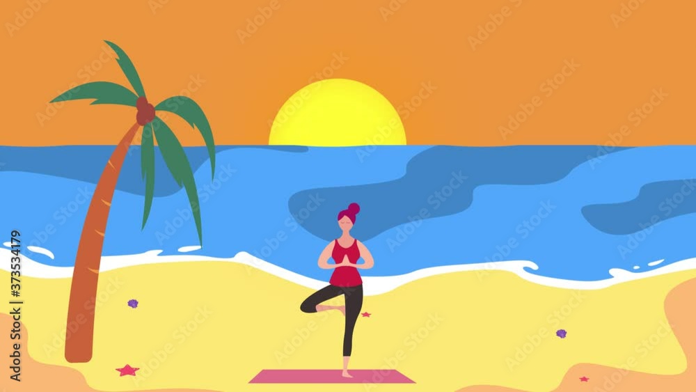 Young woman exercising yoga on beach at sunset