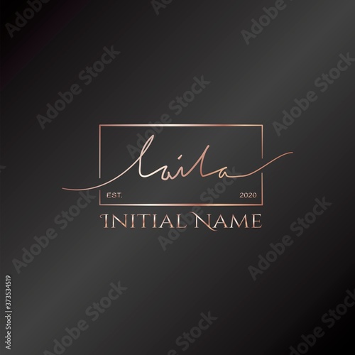 Laila Gold Rose Beauty Initial letter logo sign. Handwriting calligraphic girl name signature logo design.