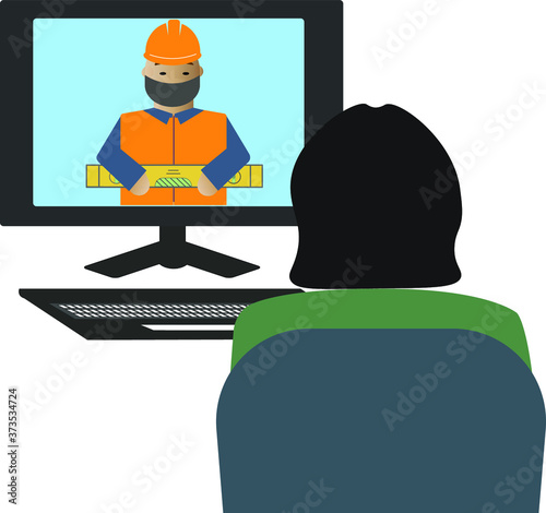 Computer screen view over woman shoulder, manager sit on armchair and communicates use video conference with worker
