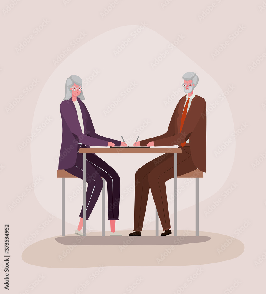 Senior woman and man cartoons at desk design, grandmother and grandfather theme Vector illustration